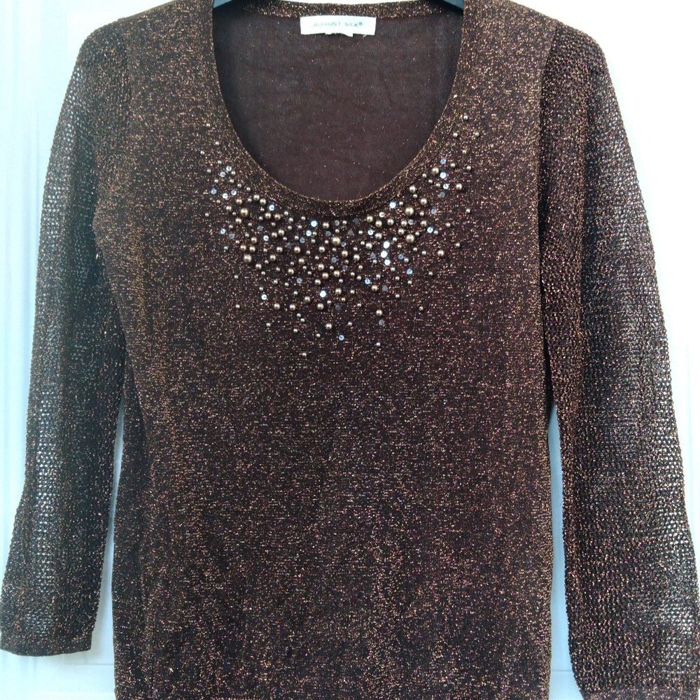 AUGUST SILK LONG-SLEEVE BROWN TOP FAUX PEARLS SEQUINS SHEER SLEEVES SIZE MEDIUM